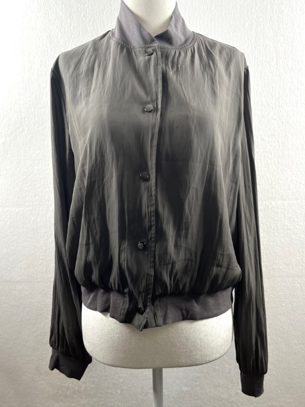 Lola & Sophie Satin w Rib Trim Bomber Jacket Steel Gray M Minimalist NWT